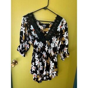 Angie Black Floral V-Neck Lace Trim Women's Top